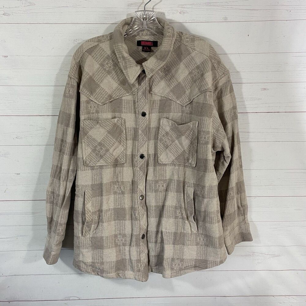 Rock & Roll Denim Womens Snap Front Shacket XL Beige/Cream Cotton Collared